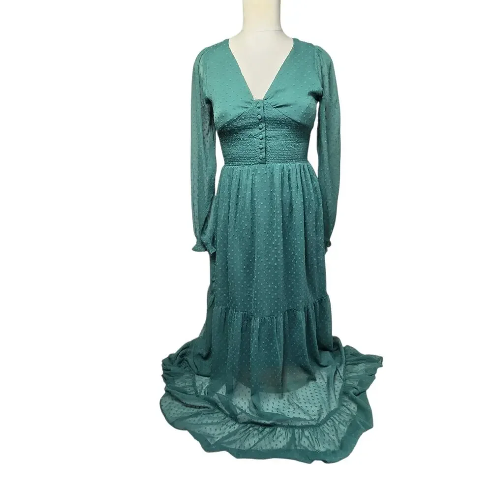 Patrons Of Peace Flowing Maxi Dress XS Green Swiss Dot